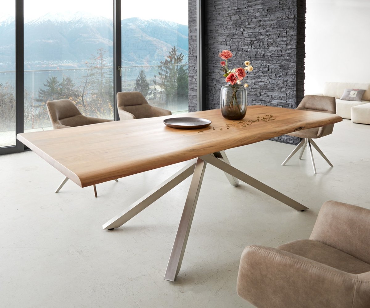 Esstisch Edge 240×100 Akazie Natur Kreuzgestell Rechteck Edelstahl Live-Edge – Bild 2