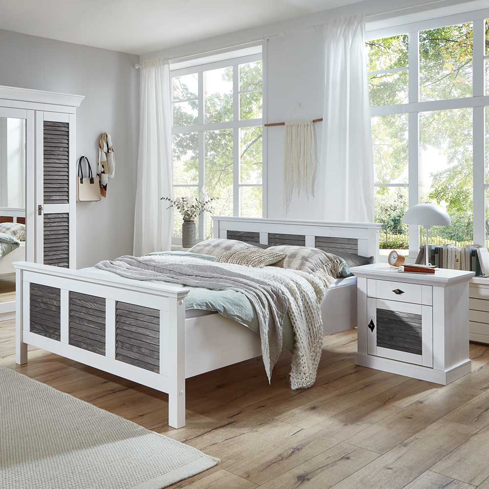 Zweifarbiges Landhaus Bett in Kiefer Grau & Weiß 94 cm Kopfteil von Life Meubles – Bild 2
